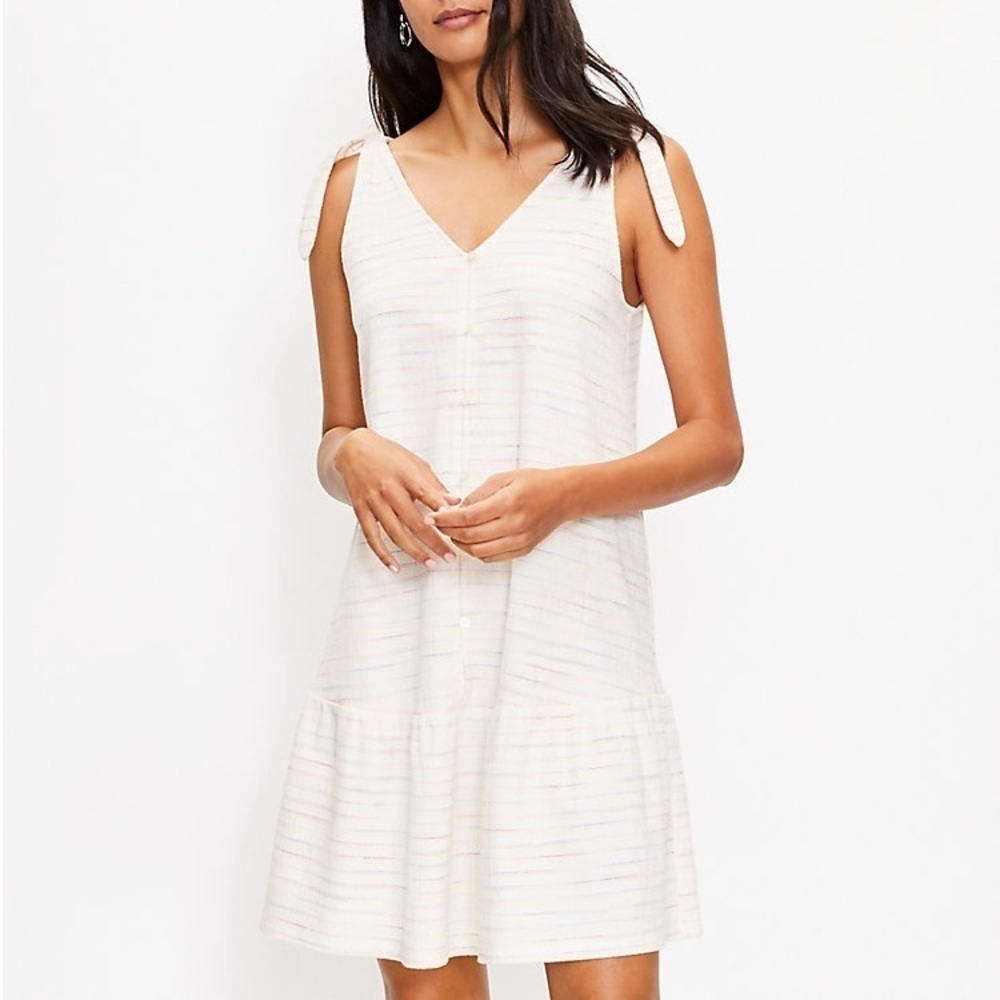 LOFT strap button flounce dress multicolored stripe dropped waist dress. Size S